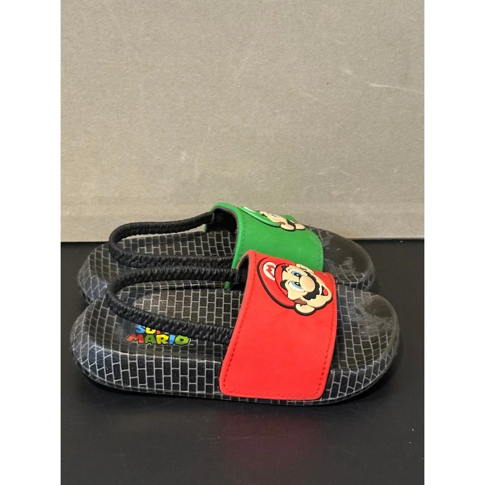 Nintendo Super Mario Luigi Kids‎ Slide Sandals Red Green Elastic Back Size 7/8